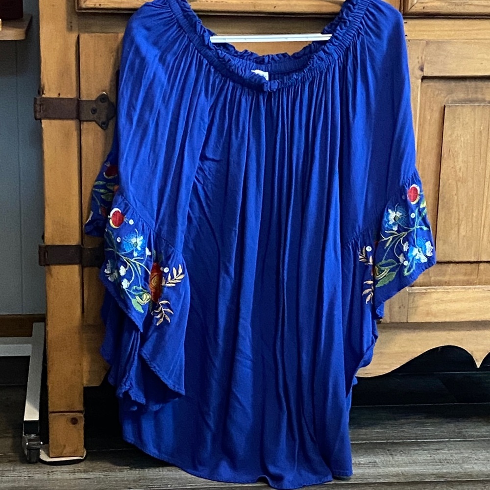 Umgee Royal Blue Blouse with Floral Embroidery